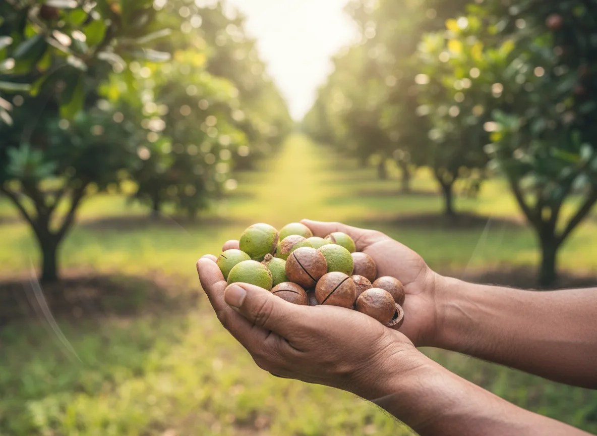 A farmer holds a handful of harvested macadamia nuts in their shells in a lush orchard in the Brahmaputra Valley.