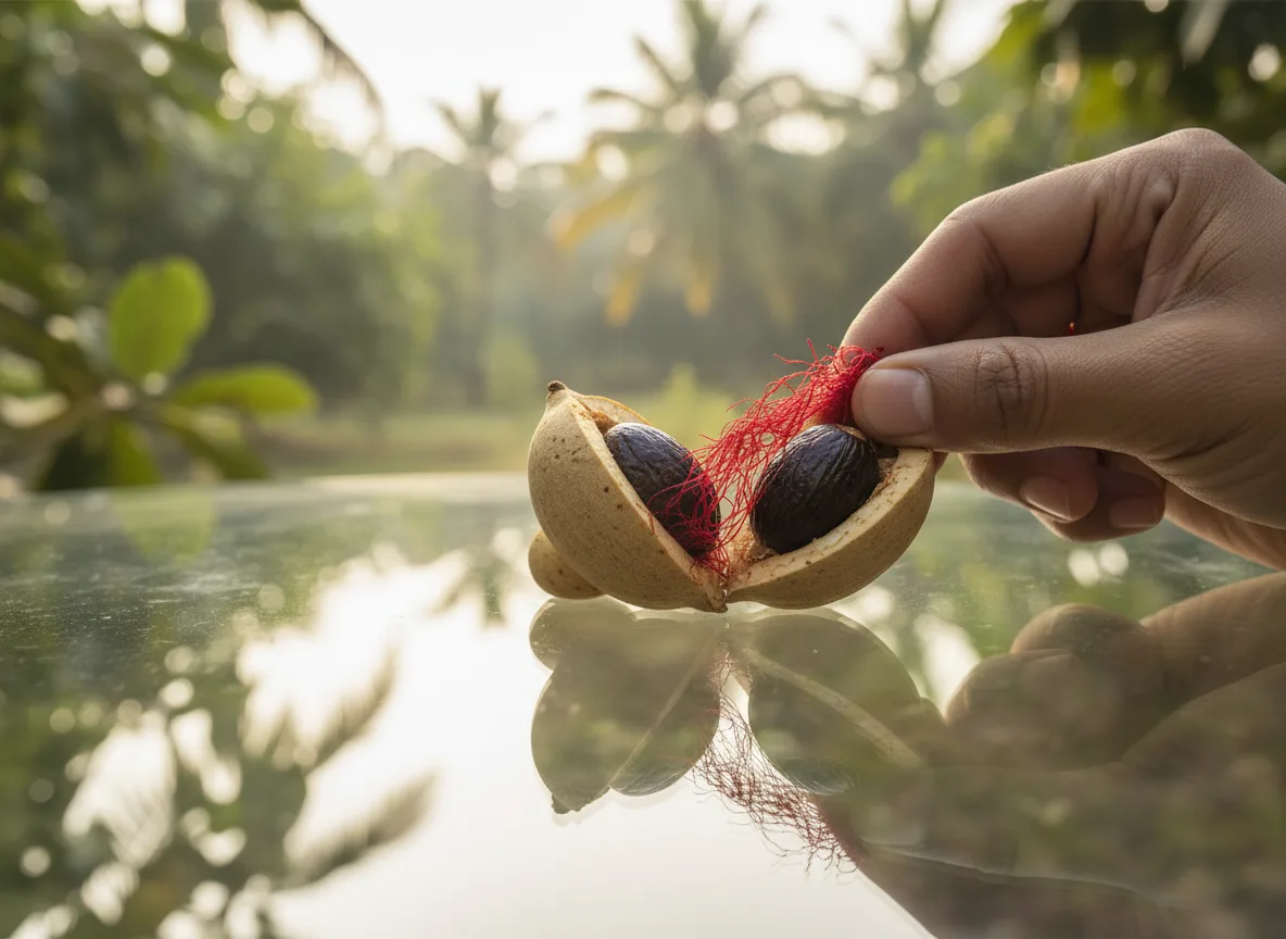 A farmer's hand gently peeling the red mace (javitri) off a nutmeg seed in a green orchard.