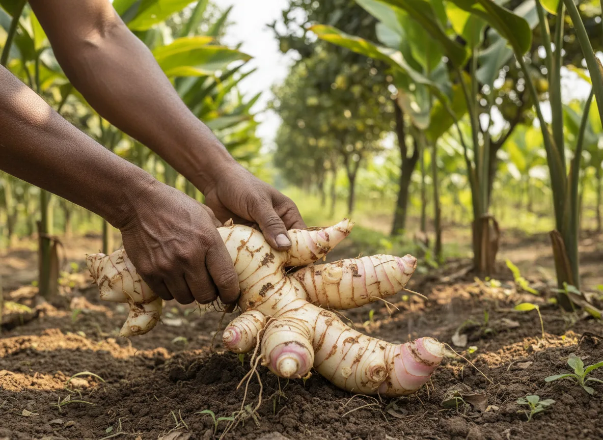 A farmer in Madhya Pradesh harvesting fresh Alpinia galanga (Galangal) rhizomes from the soil.