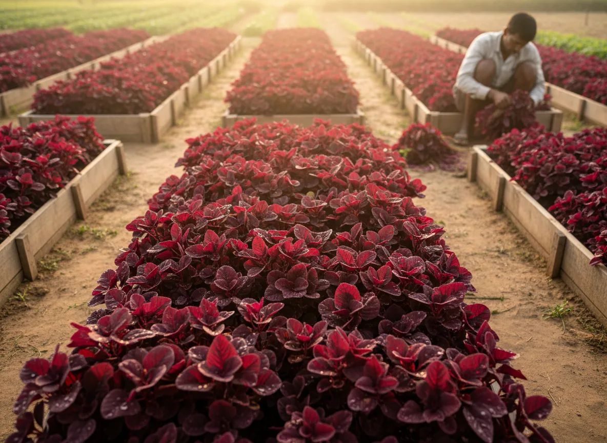 Lush, vibrant Madurai Red Amaranth (Chaulai) plants growing in well-tended farm beds, ready for harvest.
