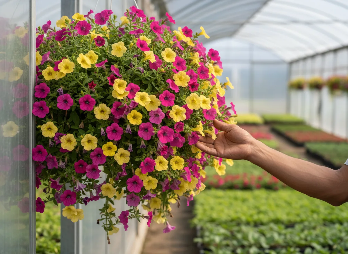 A farmer's hand inspecting a vibrant, healthy hanging basket of pink and yellow Calibrachoa flowers in a Maharashtra polyhouse.