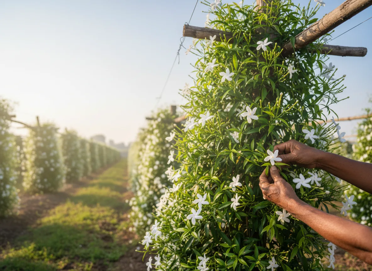 A farmer's hands gently picking white, star-shaped Confederate Jasmine flowers from a lush vine on a trellis.