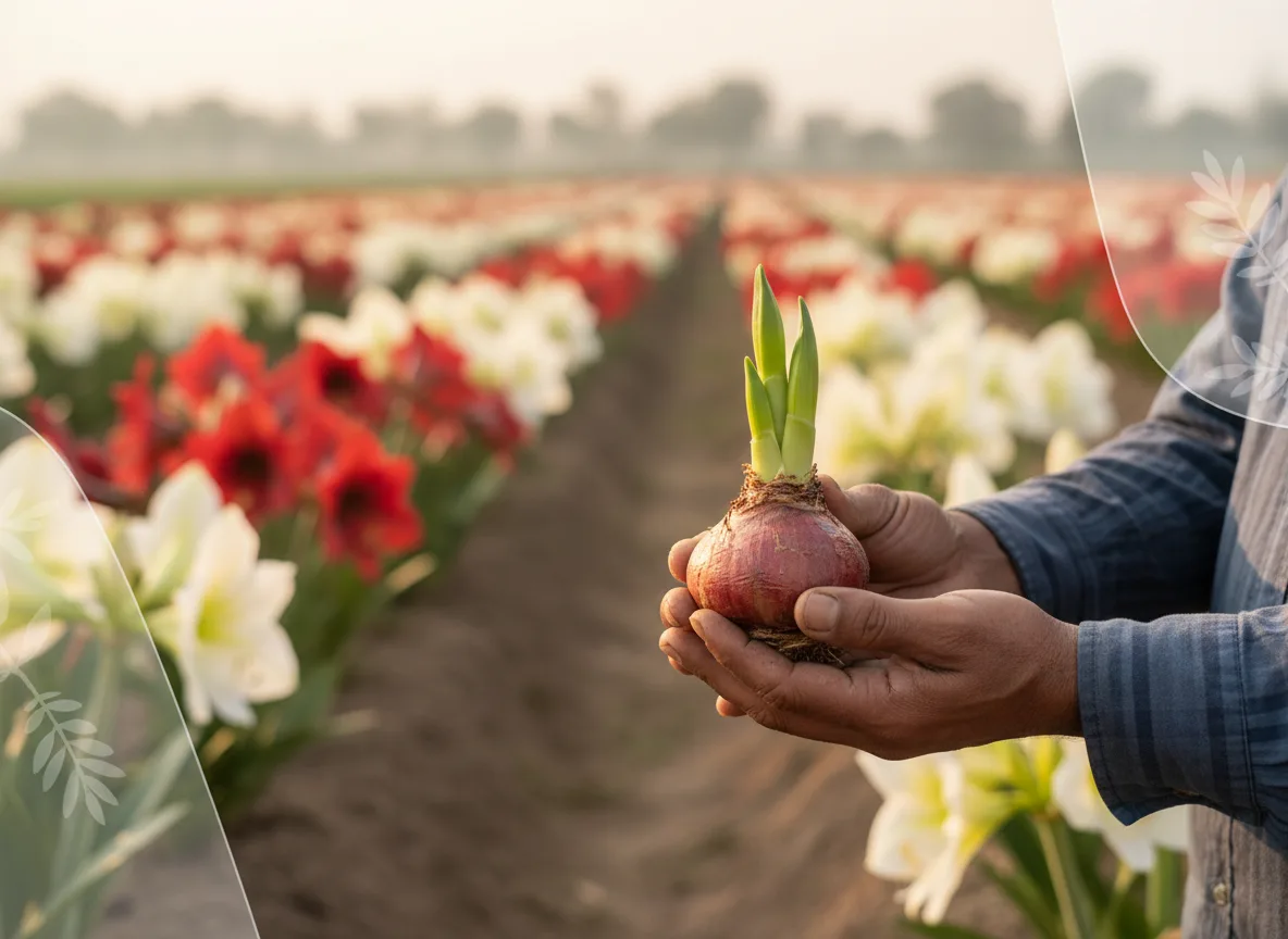 A farmer in Marathwada holds a large Amaryllis bulb, with rows of flowering plants in the background, signifying successful cultivation.
