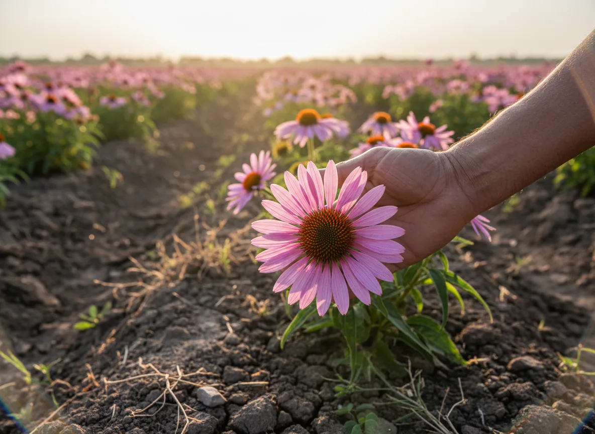A farmer in Marathwada inspects a healthy purple Echinacea flower, a symbol of profitable cultivation in a dry region.