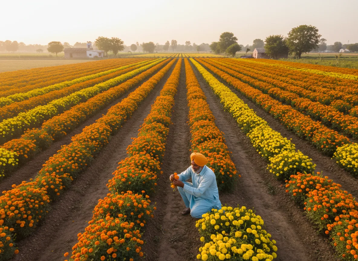A farmer inspects his flourishing marigold crop in the Indus Valley region of India during a sunny evening.