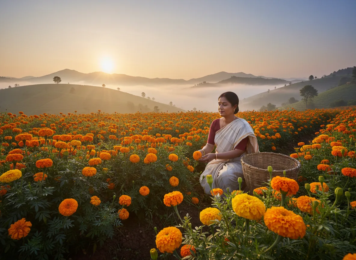 A farmer harvesting bright orange marigold flowers in a field in the Western Ghats during a misty sunrise.