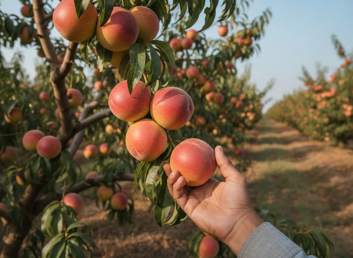 A farmer's hand holding a ripe, blushing peach on a tree in a sunlit Muzaffarnagar orchard.