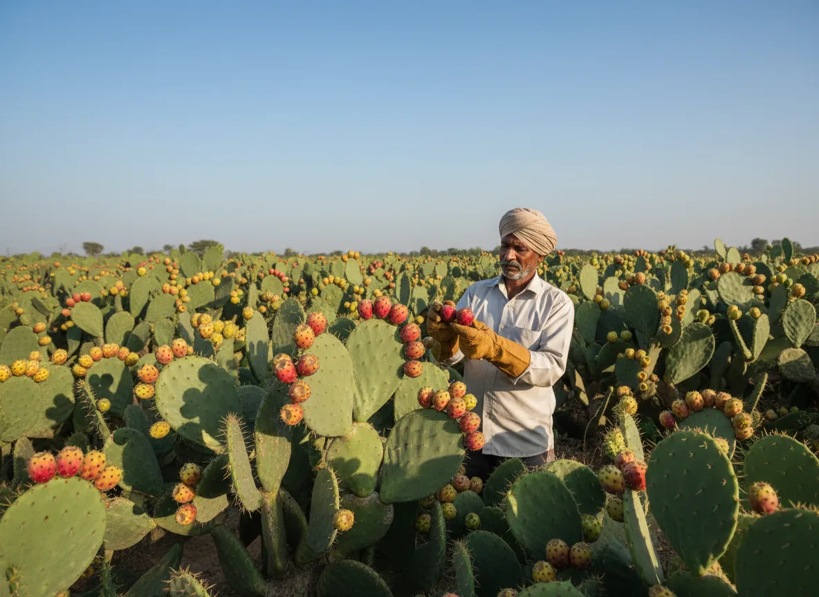 A farmer inspects ripening prickly pear fruit in a well-managed Opuntia cactus orchard in Nagpur, India.
