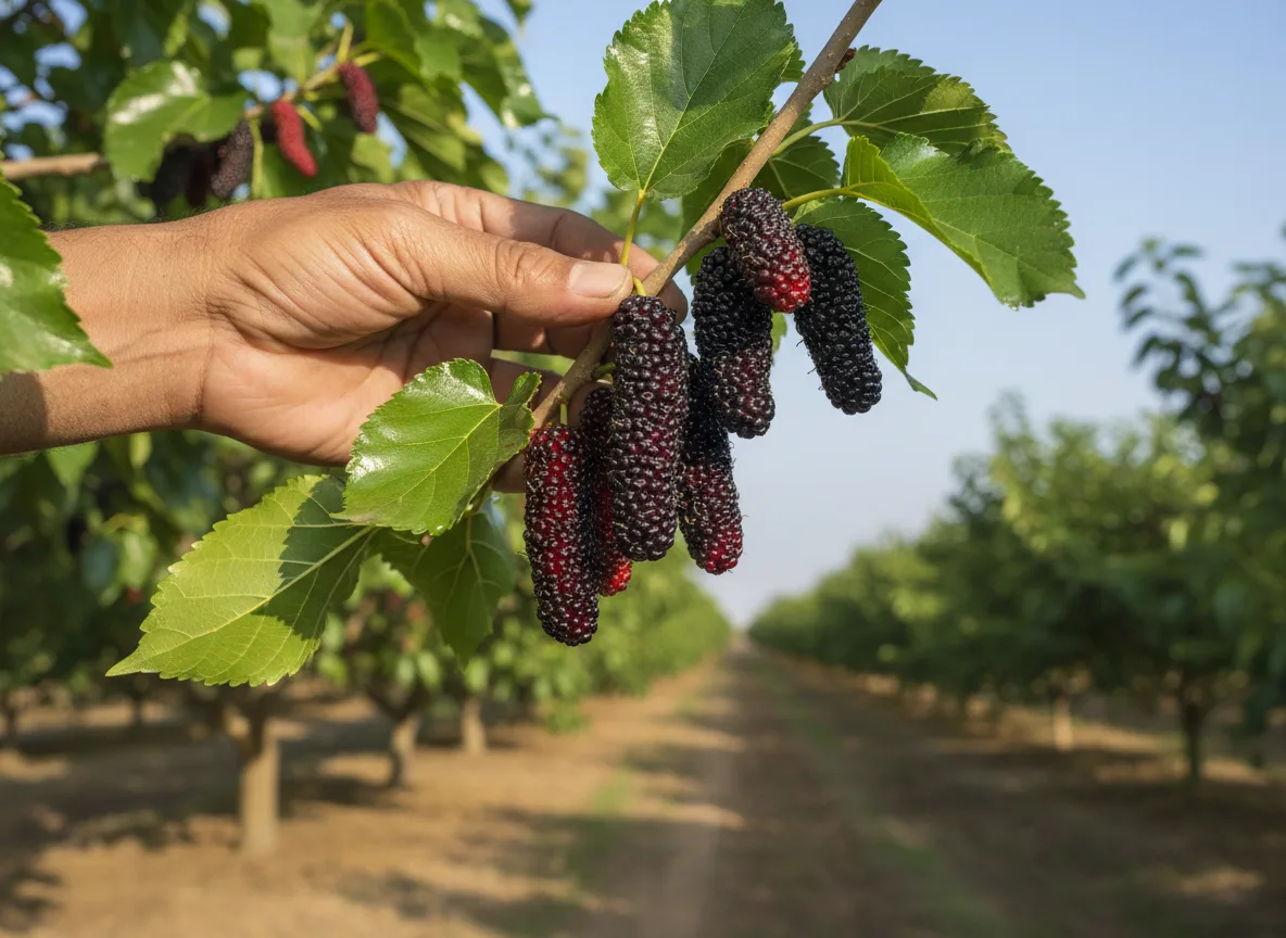 A farmer's hand carefully picking ripe, long, purple Shahtoot mulberries from a tree branch in a Nashik orchard.