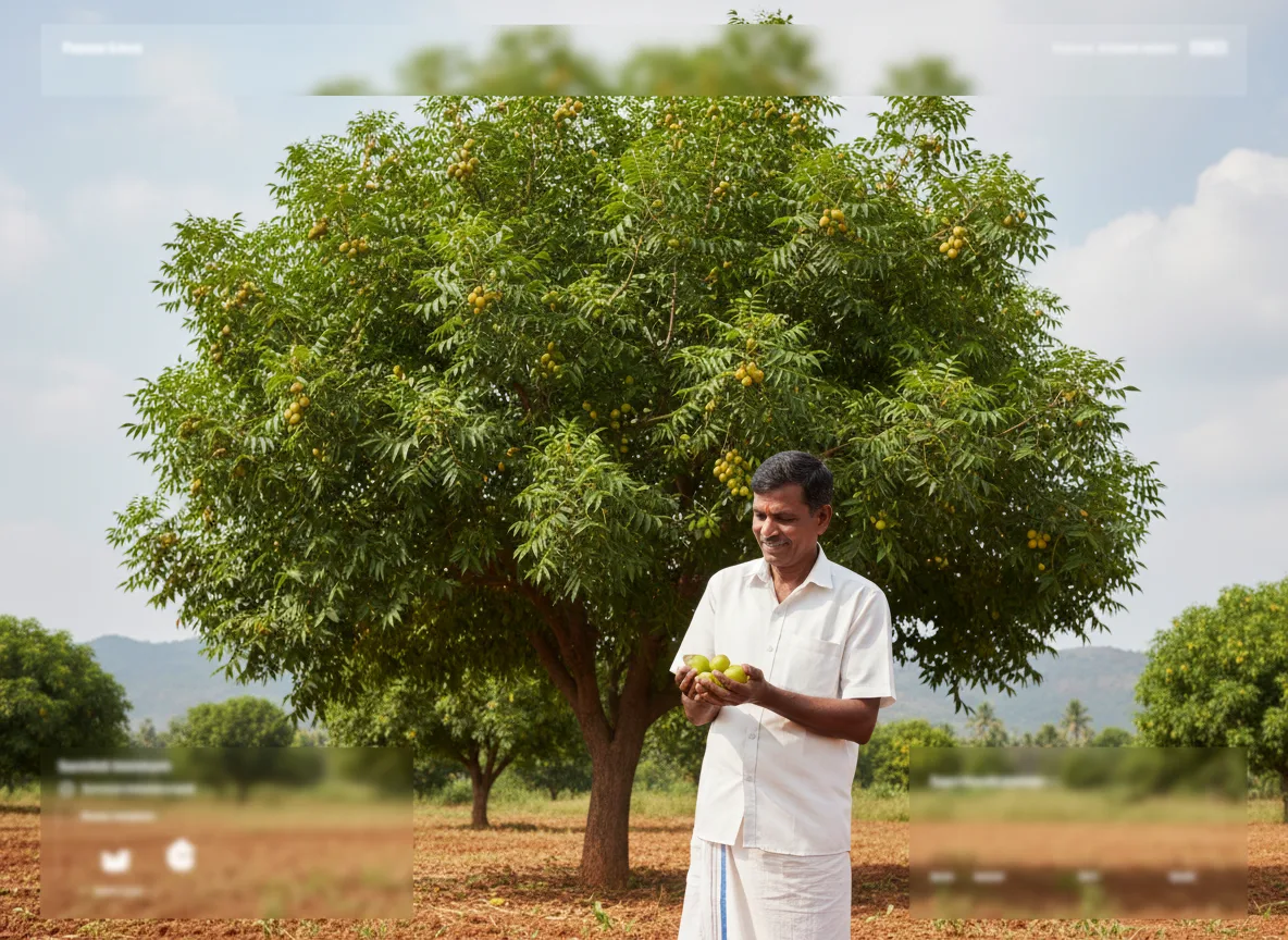 A farmer in Coimbatore inspecting ripe neem fruits freshly harvested from a mature neem tree in his field.