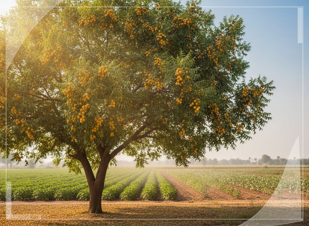 A mature Neem tree with ripe yellow fruit, set against a sunny agricultural field in Guntur, illustrating the potential of Neem farming.