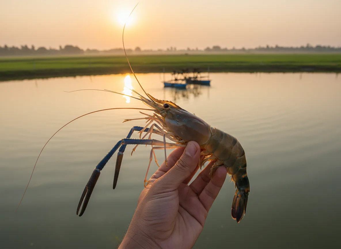 A farmer in North Karnataka holding a large, freshly harvested Scampi (giant freshwater prawn) with its aquaculture pond in the background.