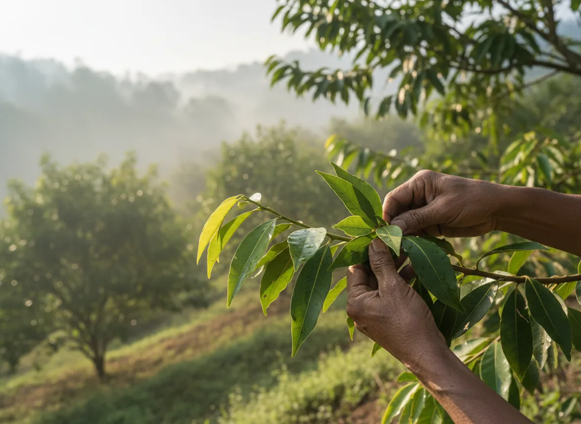 Farmer harvesting fresh Odisha Tej Patta (Bay Leaf) leaves from a tree in a lush orchard.