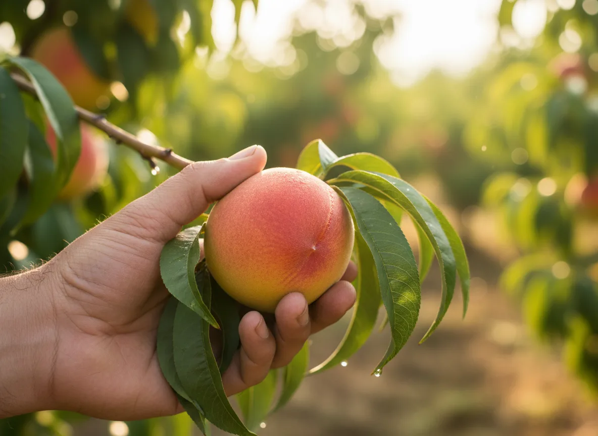 A farmer's hand carefully picking a ripe, fuzzy peach from a tree in a sunny Indian orchard, ready for harvest.