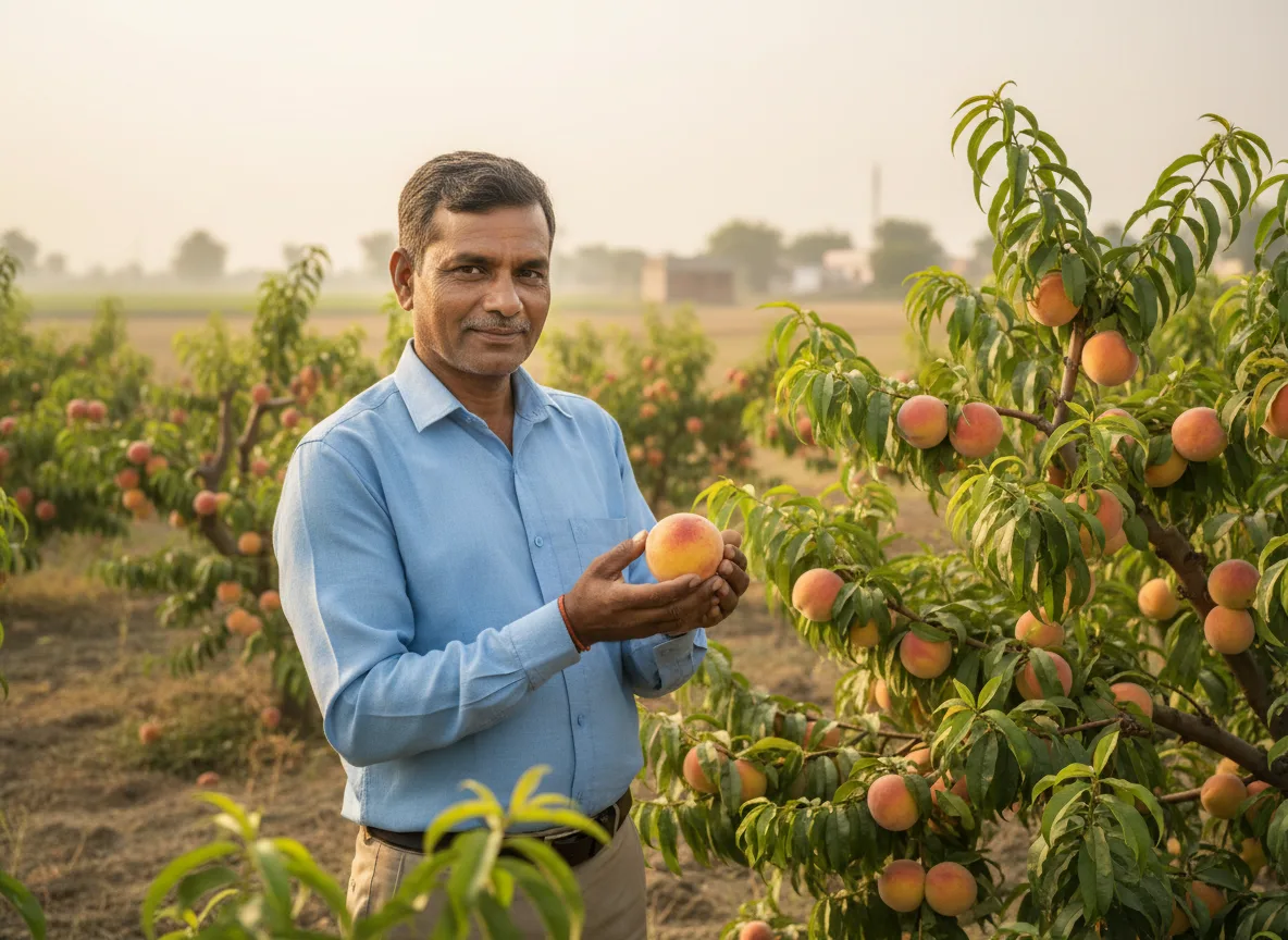 An Indian farmer inspecting a ripe peach on the branch in his sunlit orchard near Indore, Madhya Pradesh.