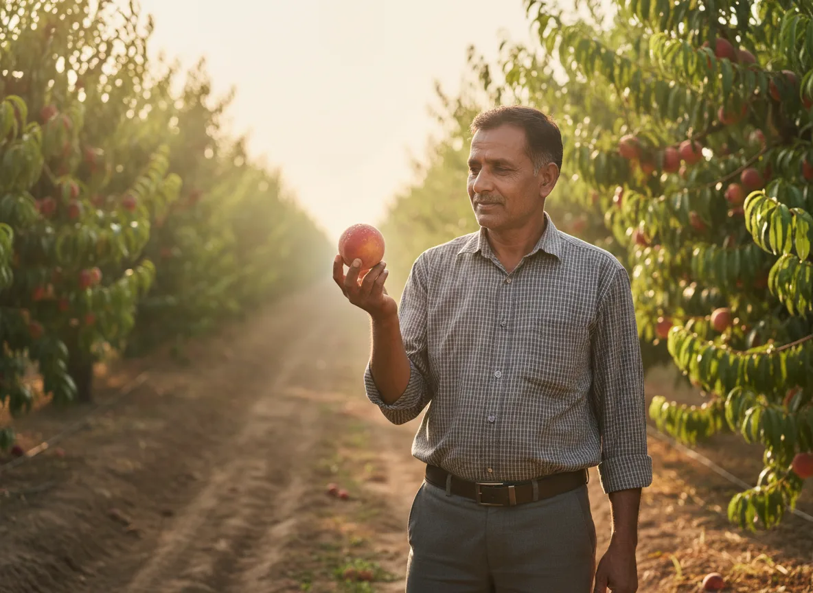 An Indian farmer proudly inspects a ripe peach in his flourishing orchard near Bhopal, Madhya Pradesh.