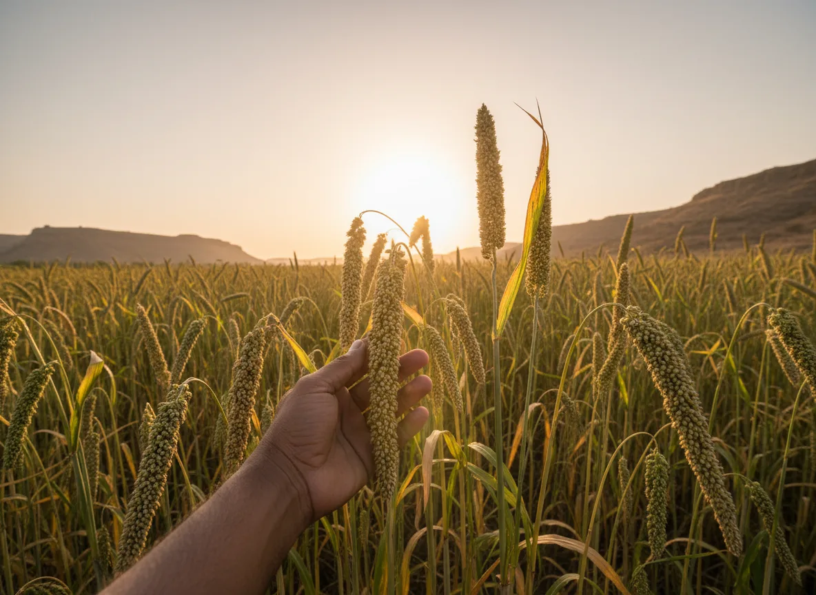 A farmer's hand inspecting a mature pearl millet (bajra) earhead in a field at sunset in Pune, India.
