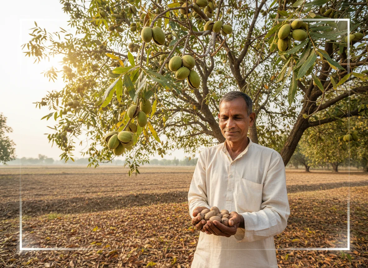 A farmer in Varanasi, India inspects freshly harvested pecans in his orchard, with a mature pecan tree in the background.