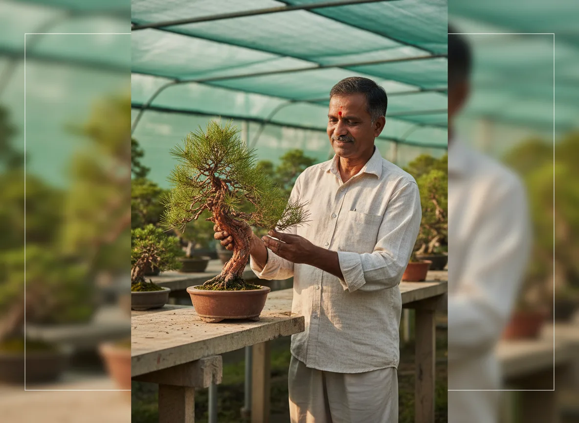 An expert Indian farmer in Jharkhand carefully tends to a Chir Pine bonsai tree on a workbench in his nursery.