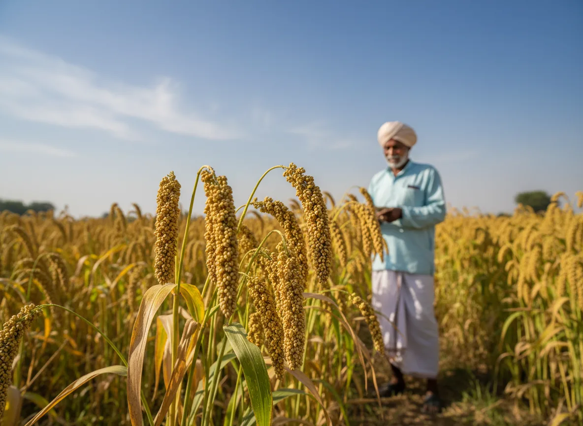 A mature field of golden Proso Millet (Cheena) with a farmer inspecting the heavy panicles in the Malwa region.