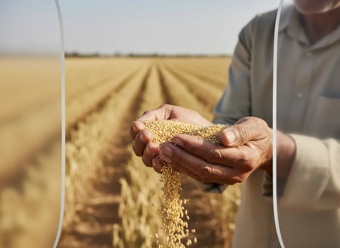 A farmer's hands full of golden Proso Millet (Cheena) grains after a successful harvest in Kutch, Gujarat.