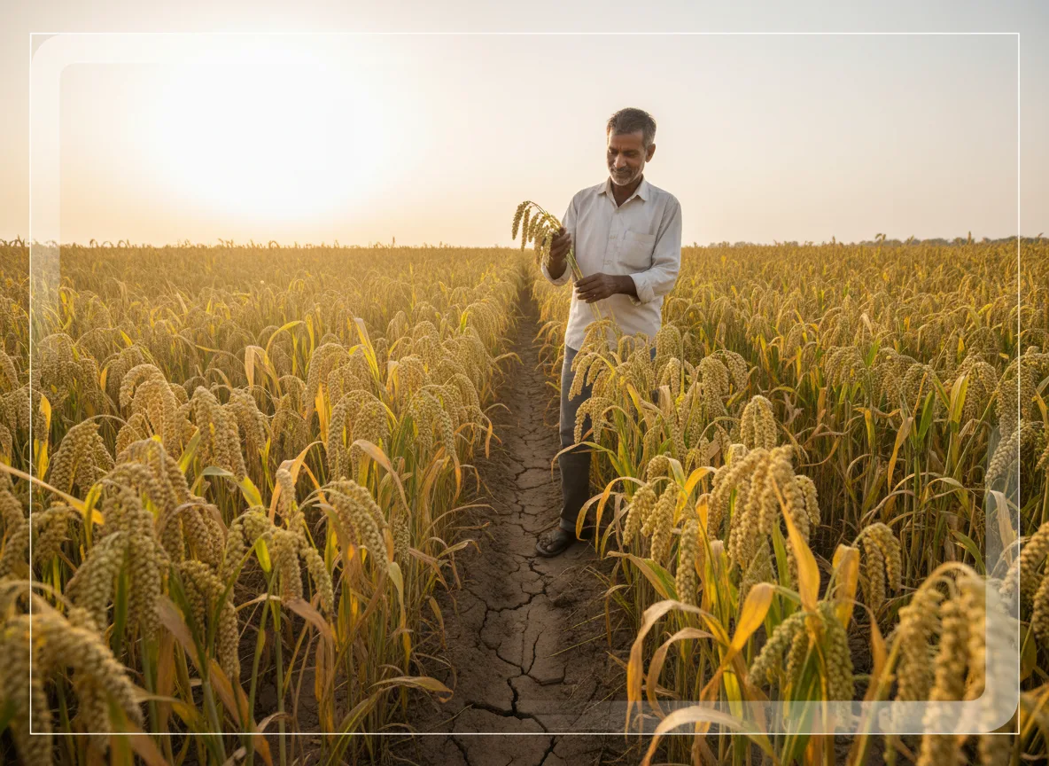 A farmer in Marathwada inspects a ripe, golden panicle of proso millet (Cheena) in his field at sunset.