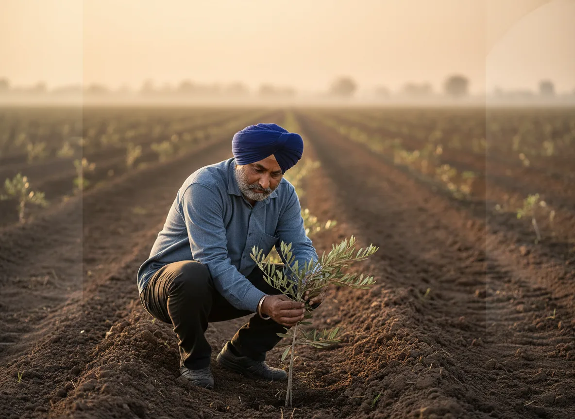 A Punjabi farmer inspects a young olive sapling in his newly planted orchard in Punjab, India.