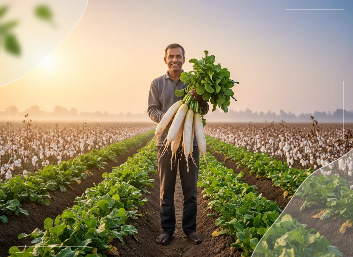 Indian farmer in a field holding a fresh bunch of white radishes, a successful rotation crop in a cotton-growing region.
