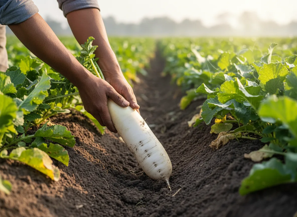 Farmer's hands pulling a fresh, long white radish from the soil in a field in Ahmednagar.