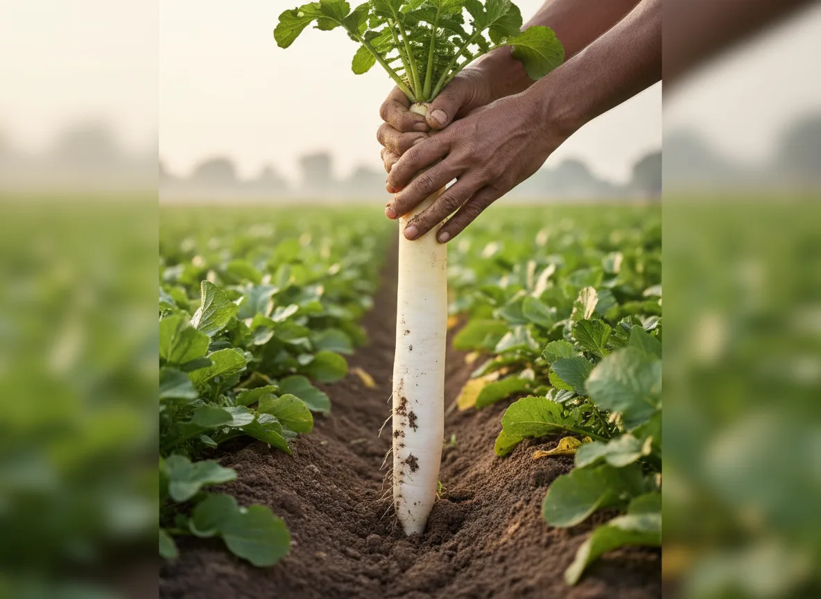 Farmer harvesting a fresh, long white radish from the soil in a well-managed field in Solapur.