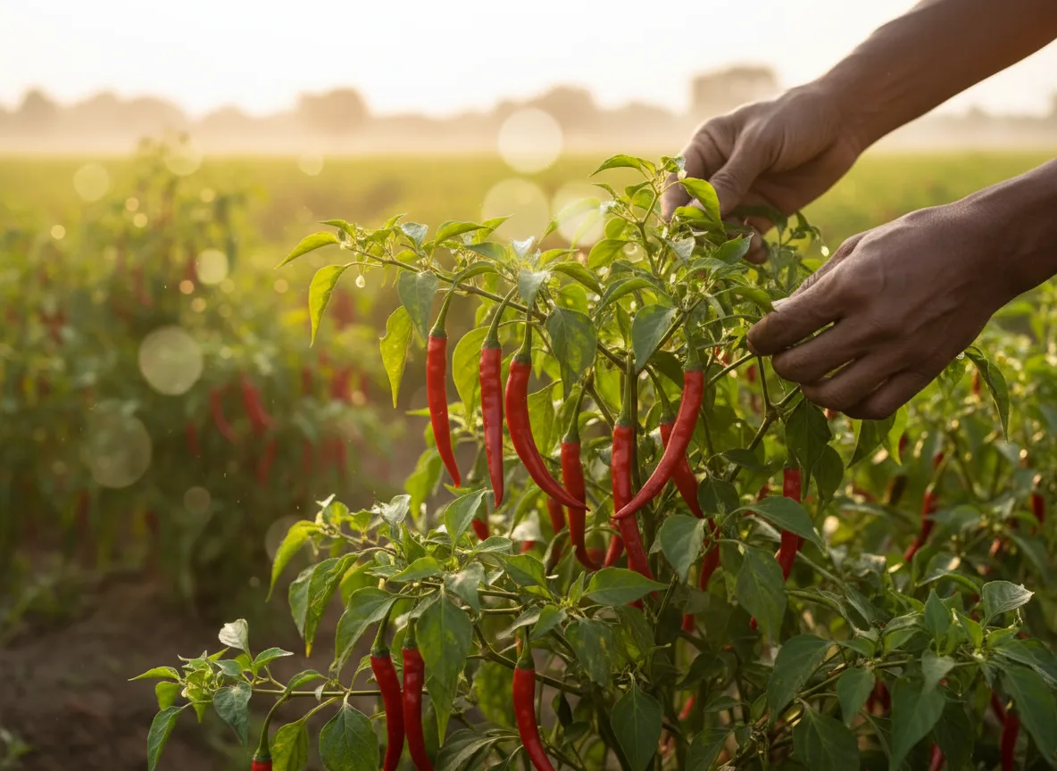 A farmer carefully hand-picking ripe, red Rayalaseema chilies from a plant in a sunlit field.