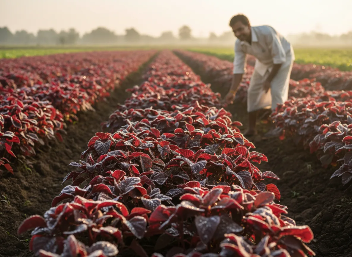 A lush field of Red Amaranth (Chaulai) growing in rows, with a farmer inspecting the healthy leaves in a Coimbatore farm.
