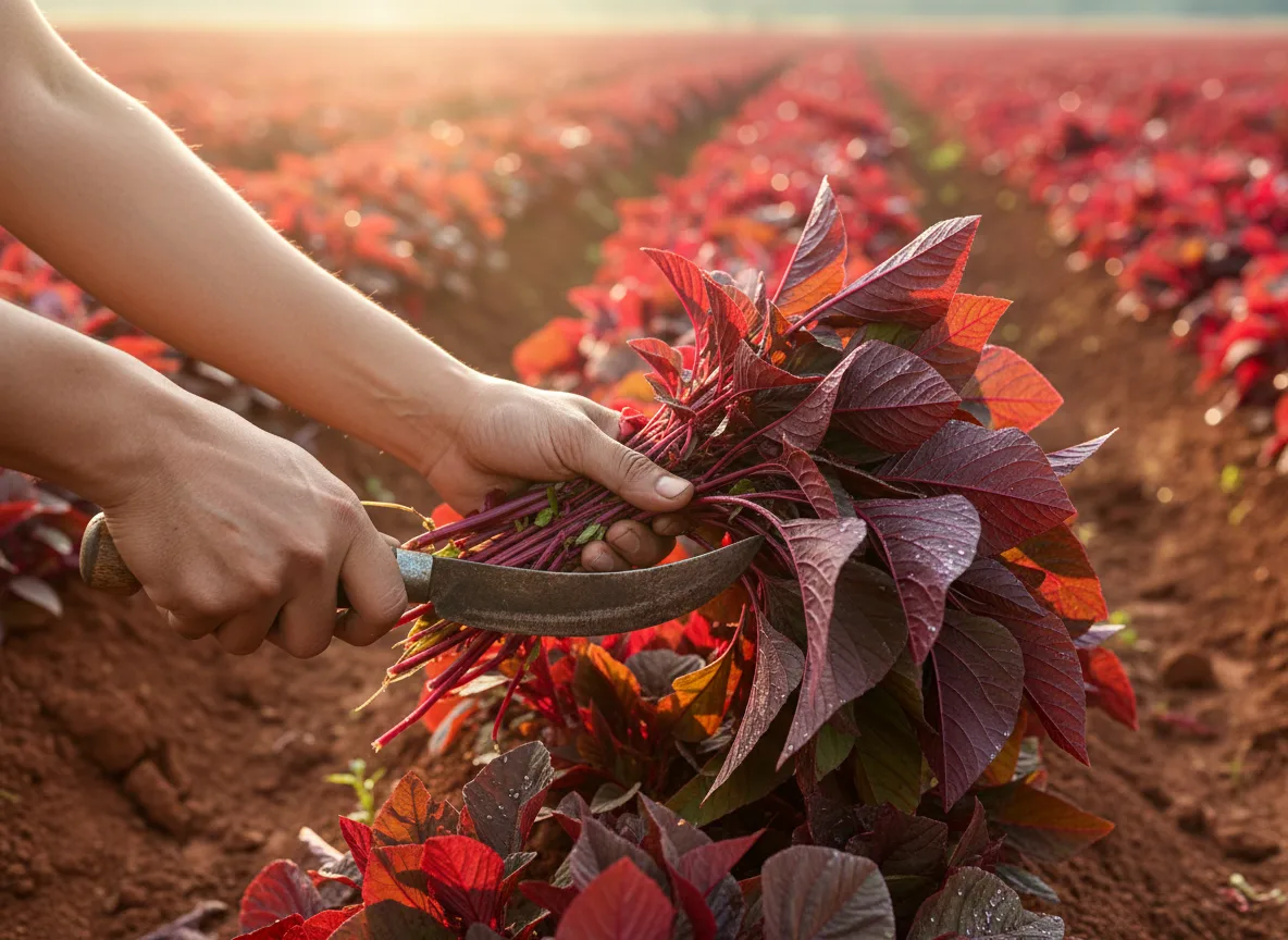 A farmer harvesting fresh, vibrant Red Amaranth (Chaulai) from well-maintained rows in a field in Kolar, India.