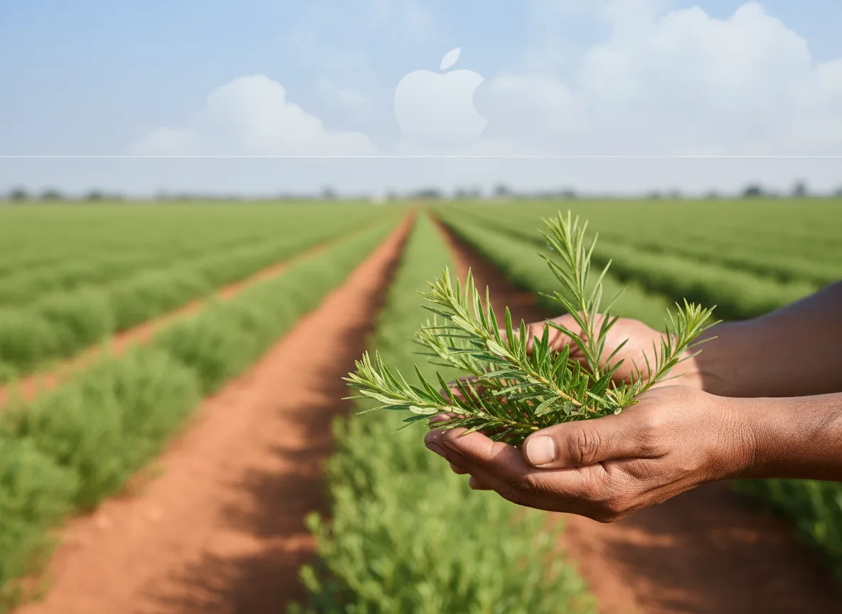 Farmer's hands inspecting the green leaves of a Rooibos plant growing in red soil in Andhra Pradesh.