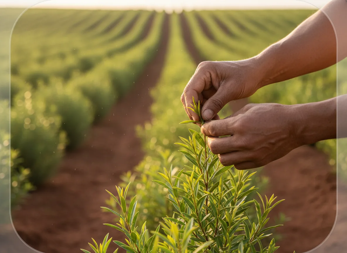 Farmer's hands harvesting the green, needle-like leaves of a Rooibos plant in a field in Karnataka.