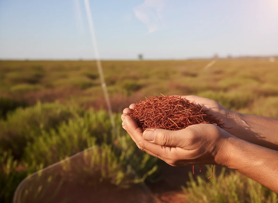 A farmer's hands holding a pile of fine, red Rooibos tea with a field of Rooibos shrubs in the background.