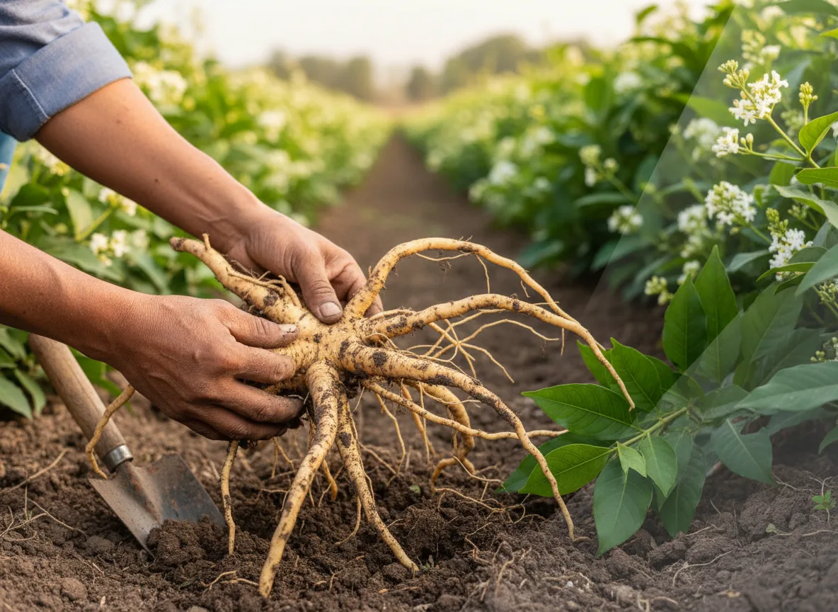 A farmer carefully harvesting the valuable roots of a Sarpagandha (Rauwolfia serpentina) plant in a field in Telangana.