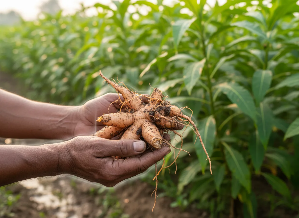 Farmer's hands holding freshly harvested Sarpagandha roots in a West Bengal field.