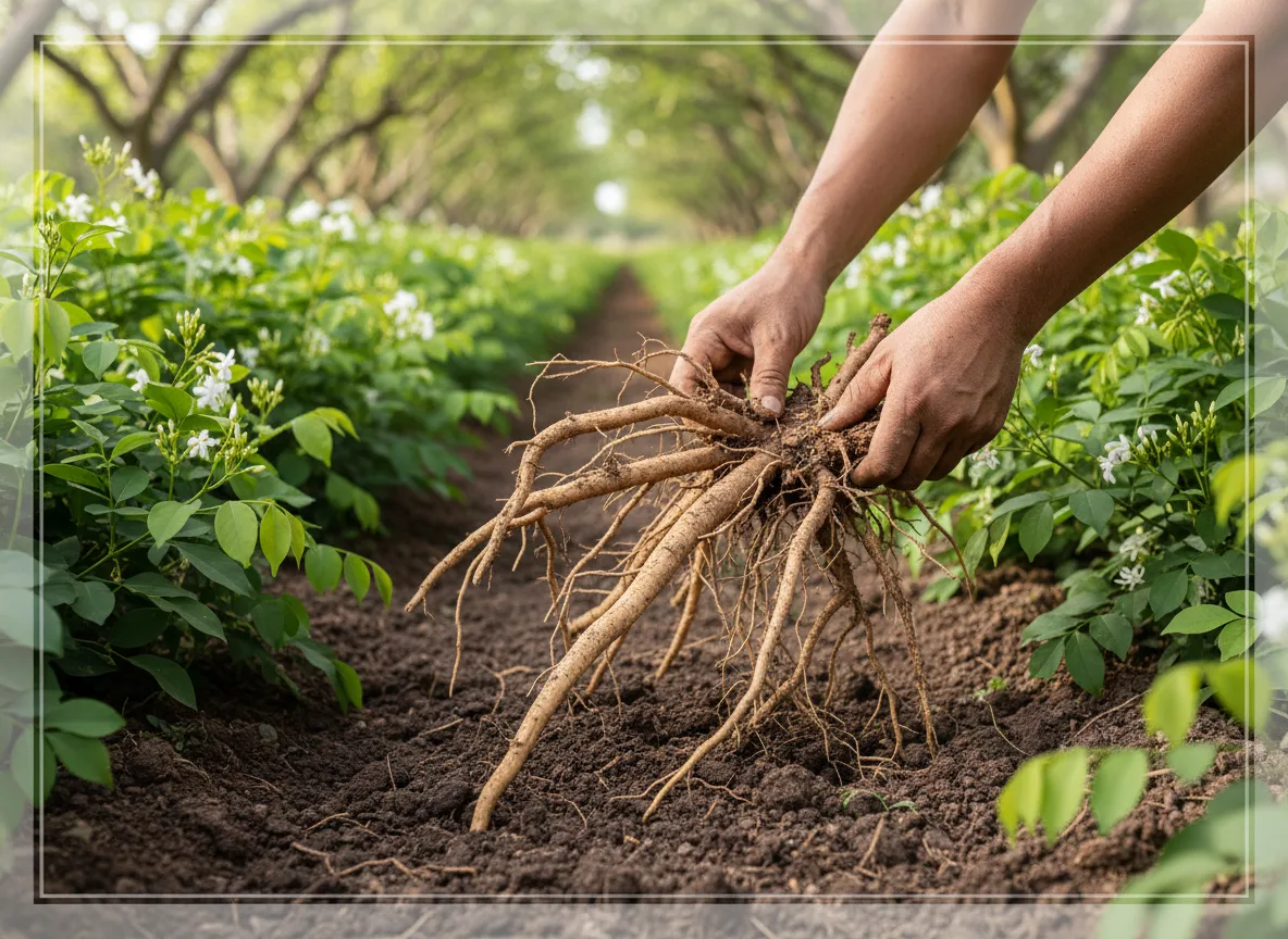 A farmer carefully harvesting thick, mature Sarpagandha roots from the soil in a field in Bihar.