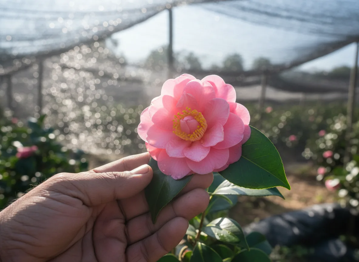 A vibrant pink Camellia flower blooming under a shade net in a Saurashtra, Gujarat farm setting.