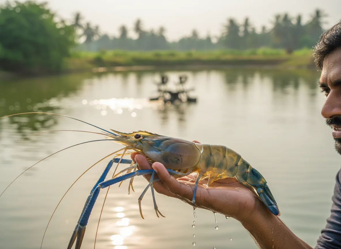 A farmer in Andhra Pradesh holding a large, healthy Scampi (Giant Freshwater Prawn) with its distinctive blue claws, fresh from the pond.