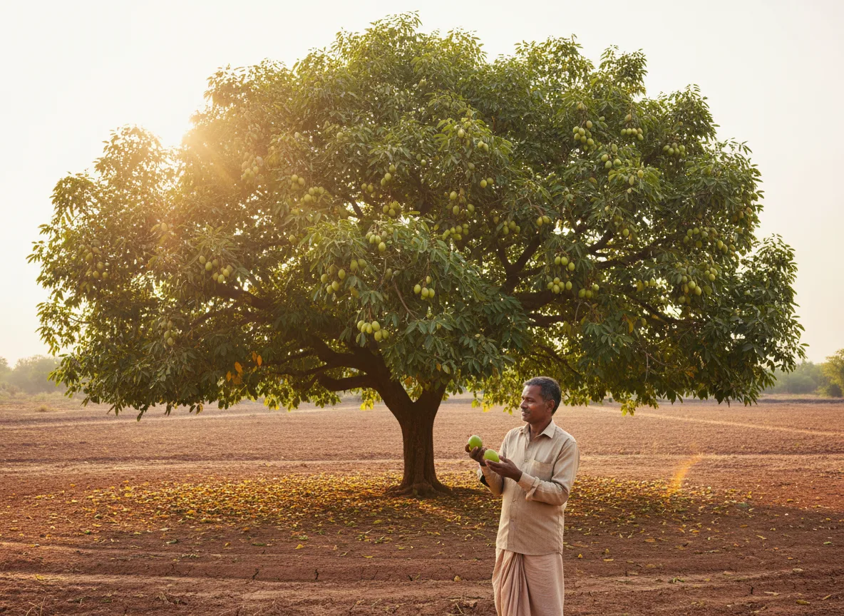 An Indian farmer inspecting the fruit on a mature Shea tree in a semi-arid field.
