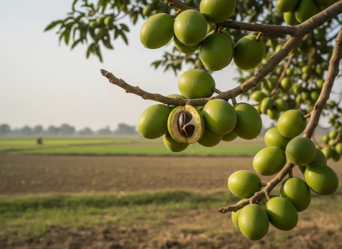 Close-up of green shea fruits on a branch, with the agricultural landscape of Ludhiana, Punjab, visible in the background.