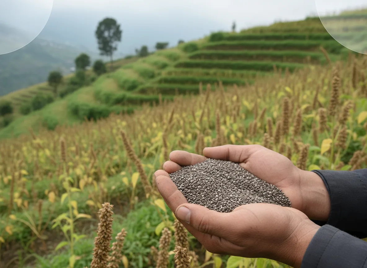A farmer's hands holding a pile of black chia seeds, with drying chia plants on a farm in Sikkim in the background.