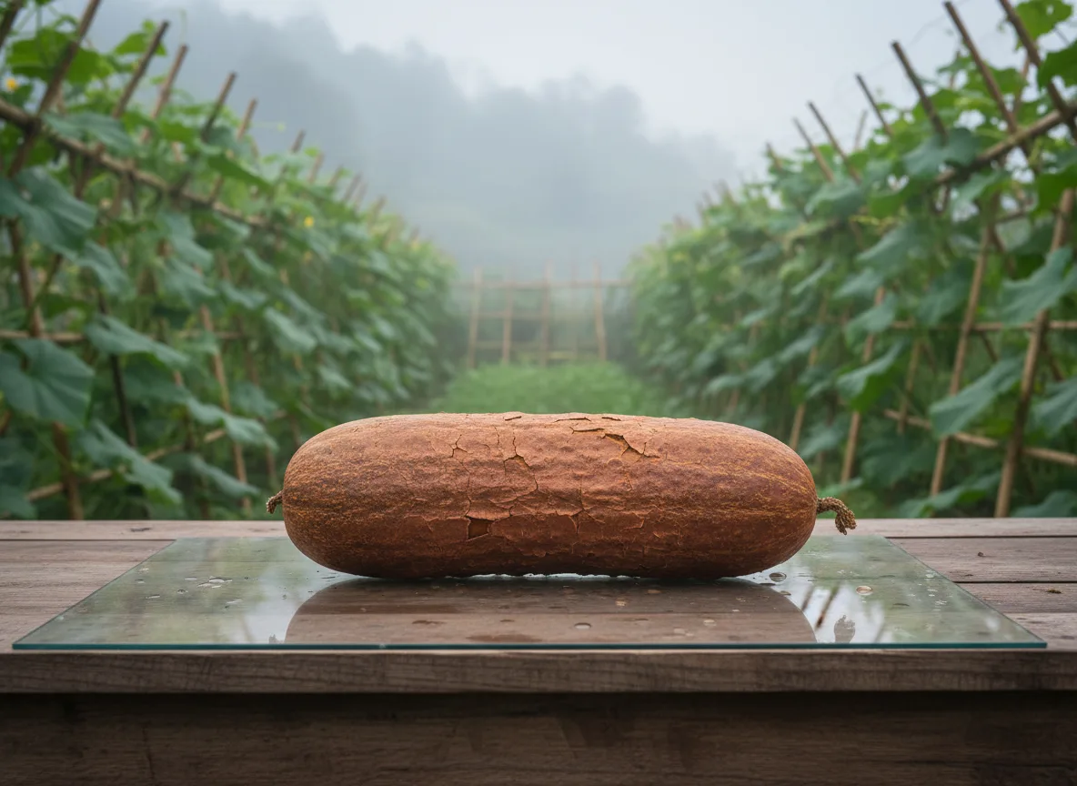 A large, mature, rusty-brown Sikkim cucumber on a wooden surface with a lush, green hill farm in the background.