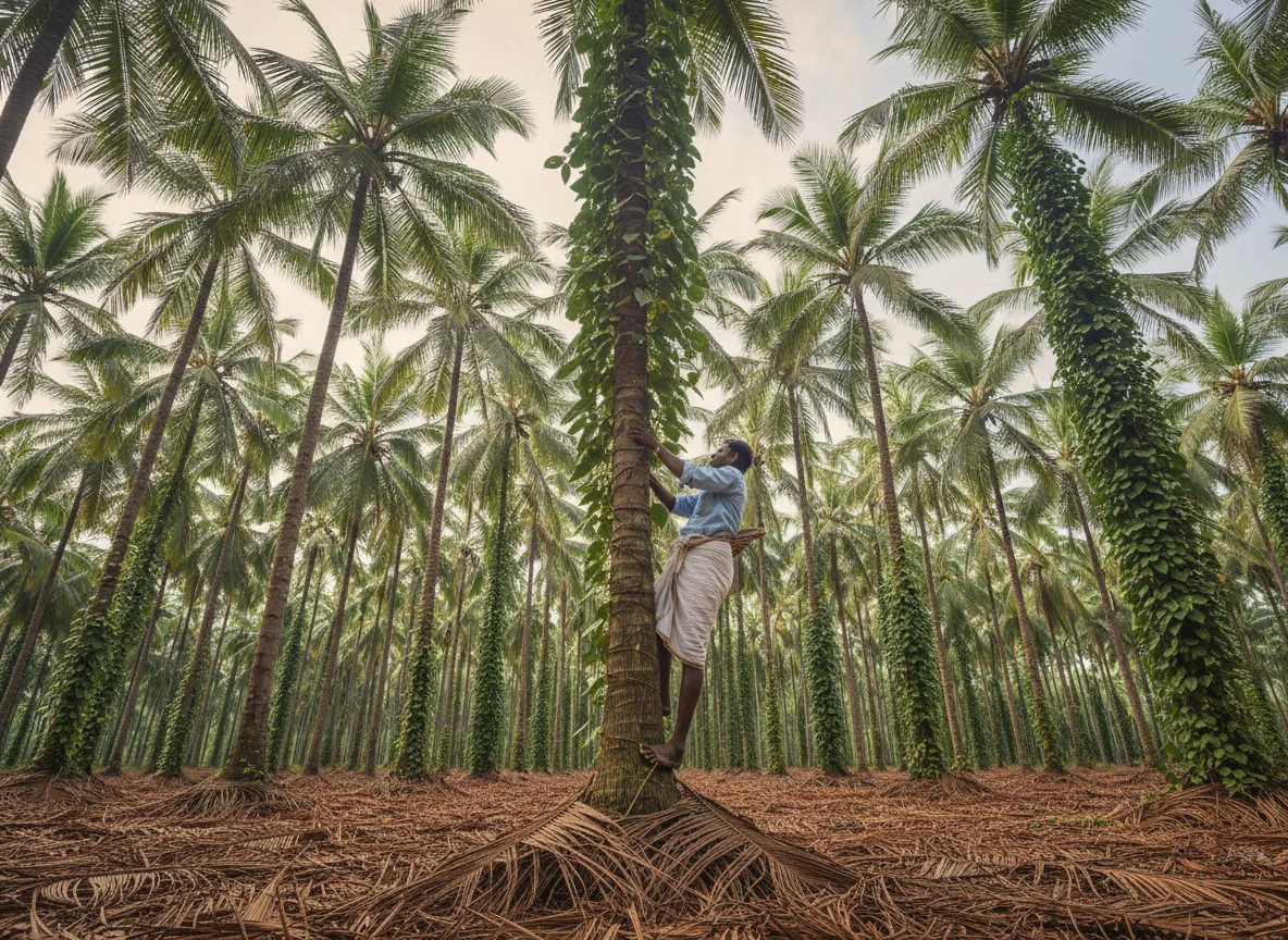 A farmer in South Karnataka skillfully climbing a tall areca palm to harvest a bunch of green nuts in a well-managed plantation.