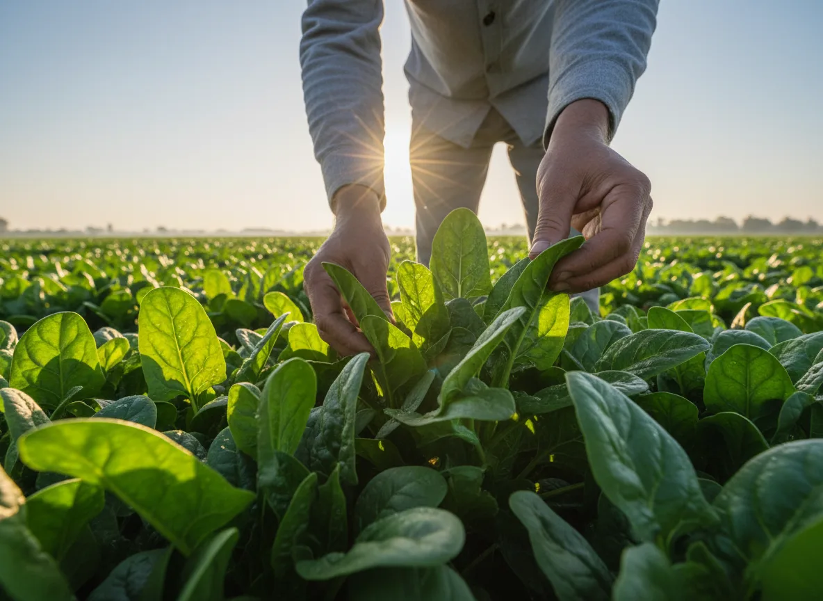 A farmer in Bundelkhand carefully harvesting fresh, green spinach leaves from a healthy crop during an early morning harvest.