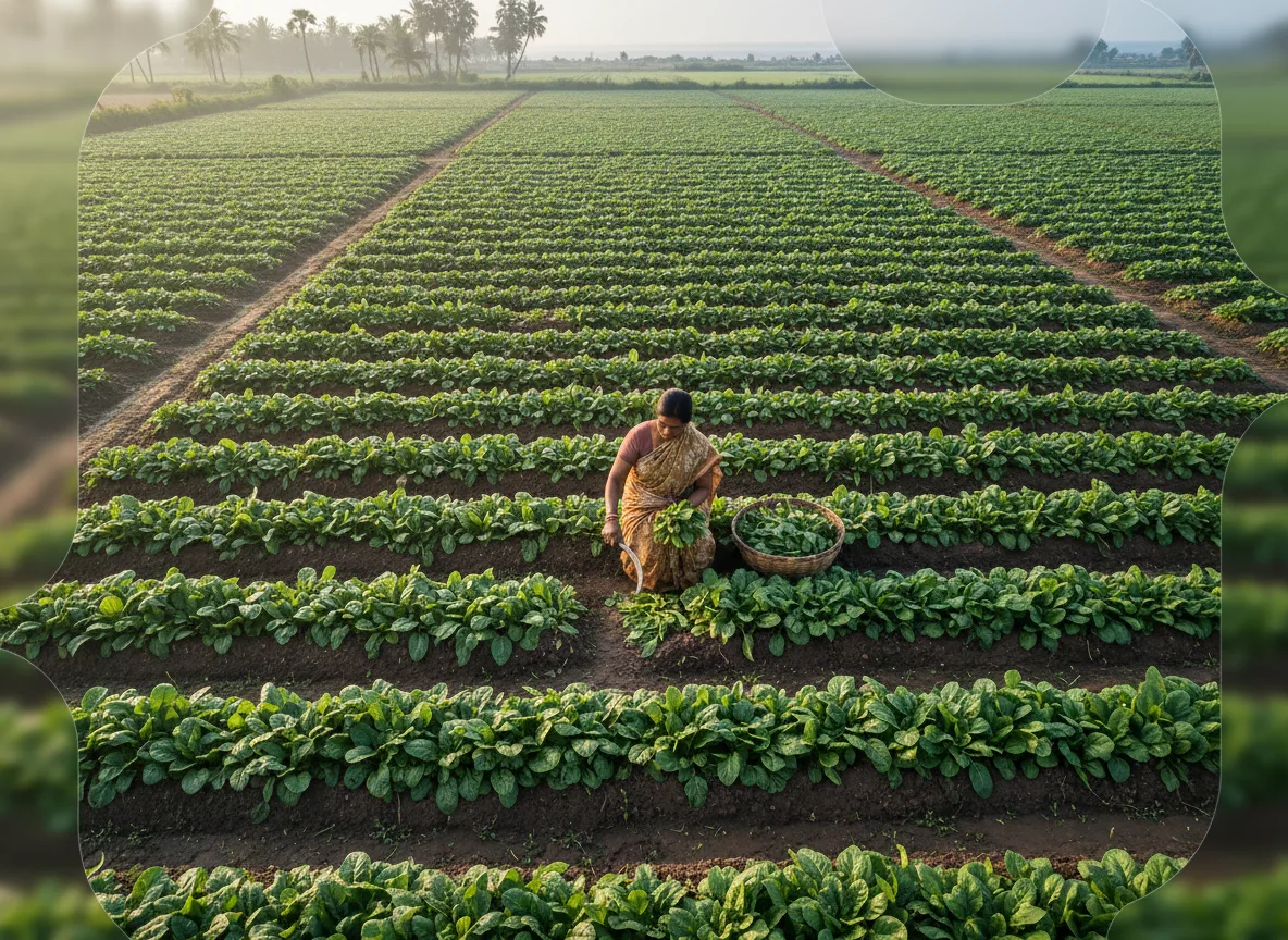A female farmer harvesting fresh, green Palak (Indian spinach) from a field with raised beds in Coastal Andhra Pradesh.