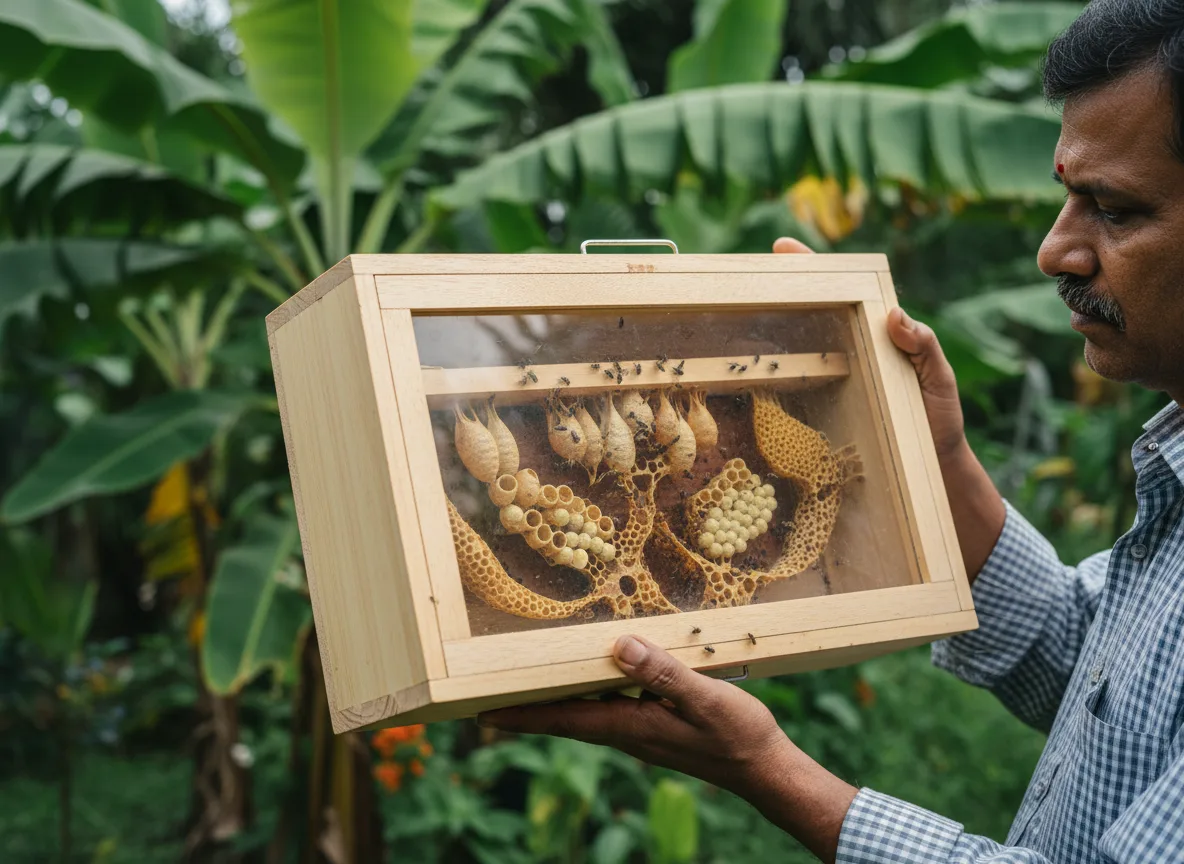 A farmer in Kerala inspecting the inside of a wooden hive for stingless bees (cheruthen), showing honey and brood cells.