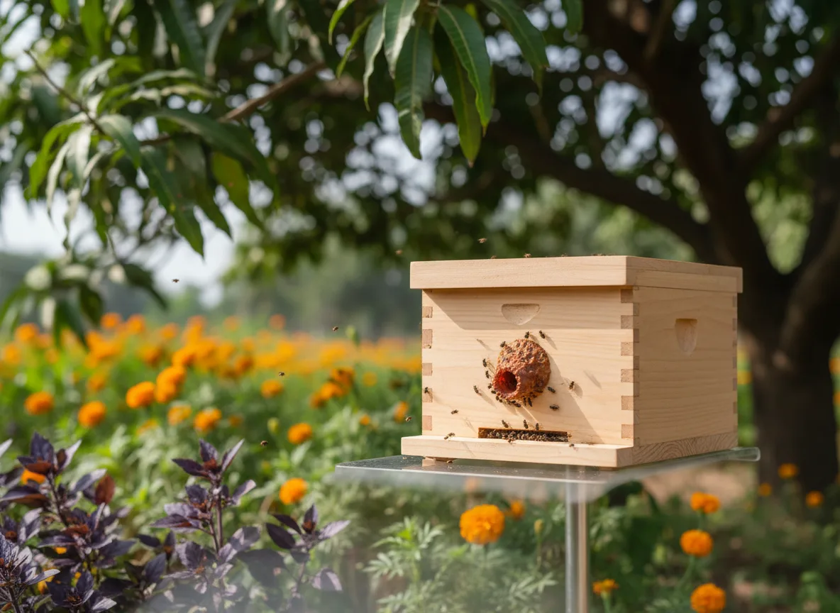 A wooden stingless bee hive box with tiny dammer bees flying around its entrance, set in a lush garden in Telangana.